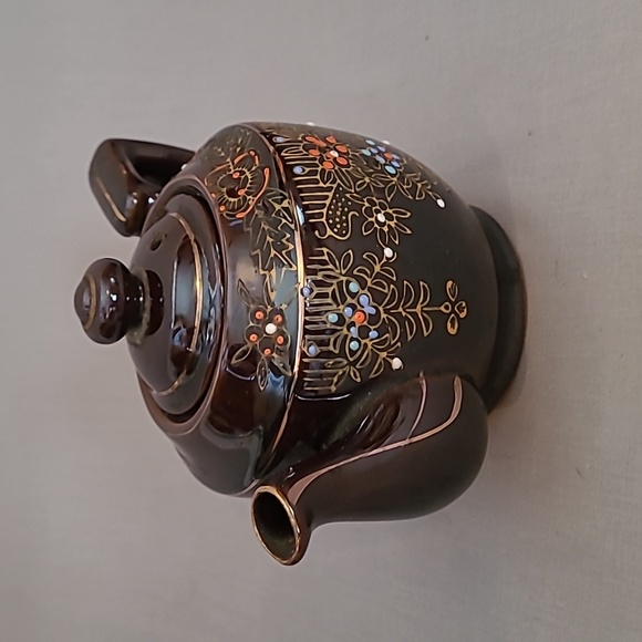 Small Vintage Brown Hand-Painted Floral Red Ware Teapot Japan 003 - Picture 2 of 9